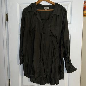 Dark green gently loved Dress Barn button up shirt, with rollable sleeves.